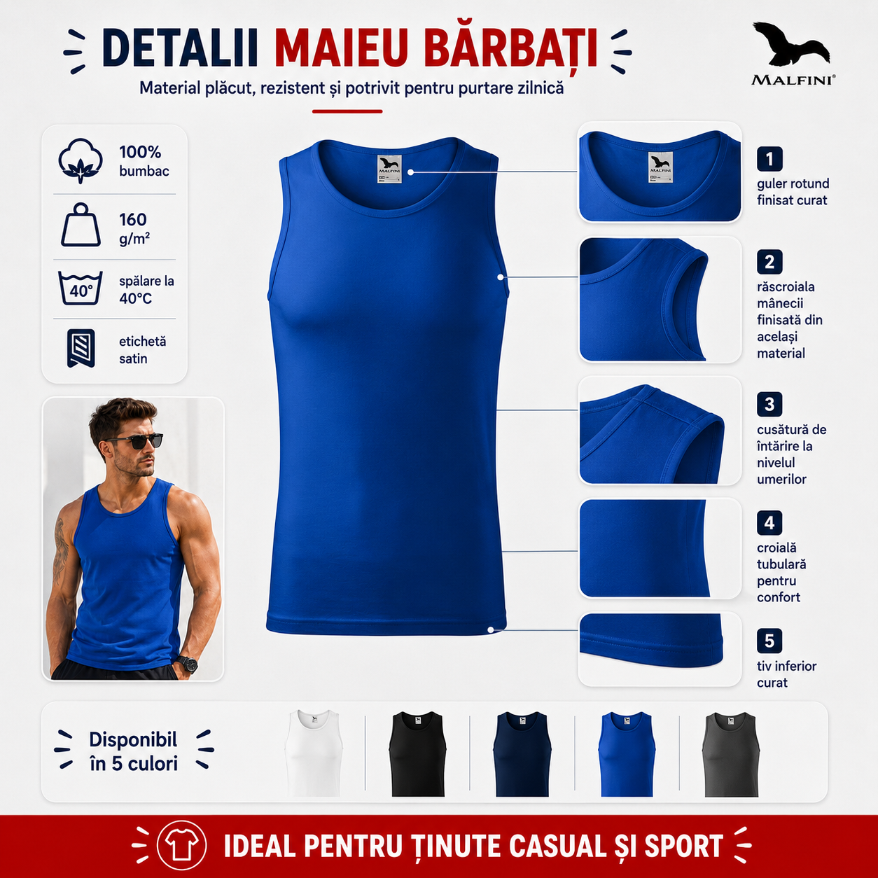 Detalii maiou bărbat Malfini Core 142, guler rotund, croială tubulară, 100% bumbac